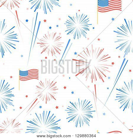 Fireworks and stars in American national flag colors. Seamles pattern for US Independence Day 4th of July. Vector illustration on white background