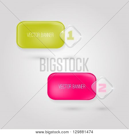 Vector banners set. 2 bright colors. glass elements. Vector banner with a glass surface for your business titles. green and pink. with rounded corners