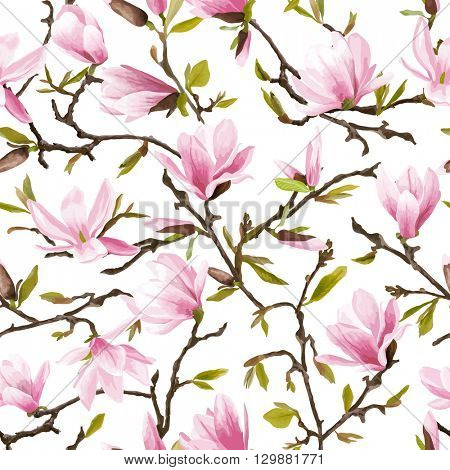 Seamless Floral Pattern. Magnolia Flowers and Leaves Background. Exotic Flower. Vector