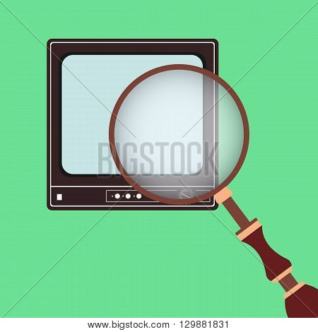 Vector illustration of a retro flat TV and a magnifying glass. Search View.