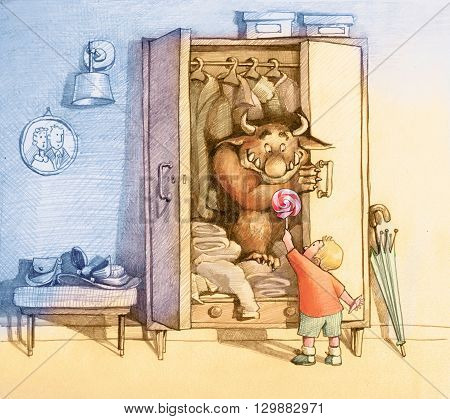 child draws a cute monster living in a closet use a lollipop