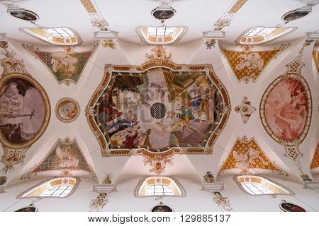 URSBERG, GERMANY - JUNE 09: Frescoes on the ceiling of the monastery church of St. John in Ursberg, Germany on June 09, 2015.