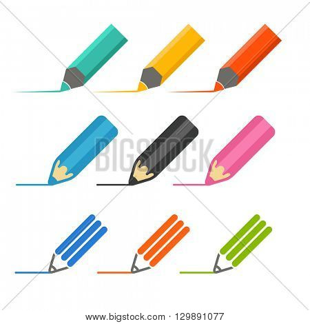 Color crayons and markers icons vector set
