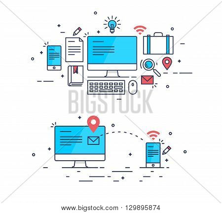 Abstract line art mail sending composition. Computer and smartphone receiving message. Abstract line art design gadgets and equipment. Business concept image. Business concept design. Business vector.