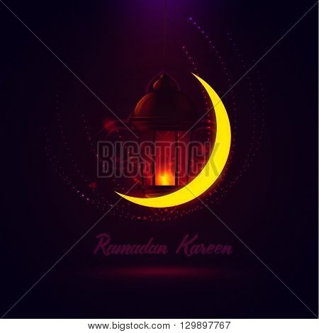 Ramadan Kareem greeting illustration . Illuminated arabic realistic lantern with moon and glowing dots