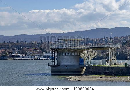 Concrete tower - equipment of picturesque  dam, gather water of Iskar river, Pancharevo, Bulgaria