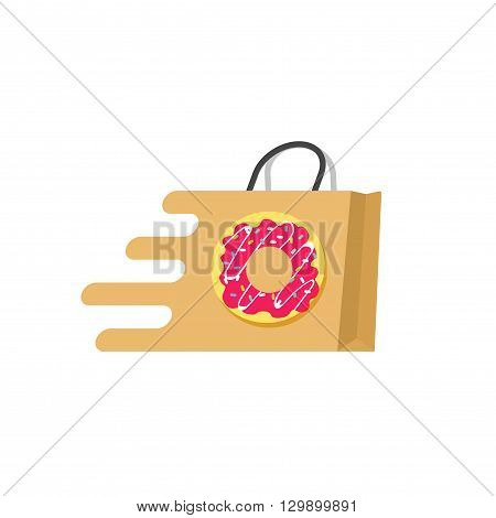 Food delivery vector logo isolated on white background, concept of food ordering online service, supermarket logotype, transportation of food, paper bag with sweet donut flat cartoon design