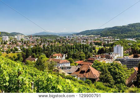 BADEN AARGAU SWITZERLAND - JUNE 30 2015: Vineyard from top to the city of Baden on June 30 2015. Baden is a municipality in the Swiss canton of Aargau located 25 km (16 mi) northwest of Zurich.