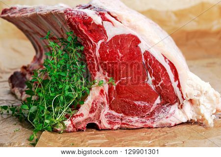 Fresh Raw Beef bone rib roughly choppid. with herbs and seasoning