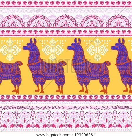 Vector cute Alpaca Llama animal with ethnic ornaments