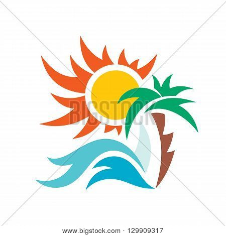 Summer travel vacation vector logo concept illustration. Paradise beach color graphic sign. Sea resort logo sign. Sun, palm, sea waves and sail.