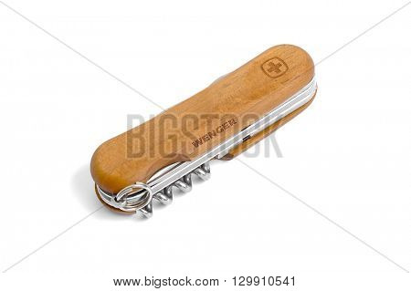 BUDAPEST, HUNGARY - JUNE 09, 2015: Wenger swiss knife isolated on white background. Wenger is one of the traditional companies making swiss knives, now owned by Victorinox.