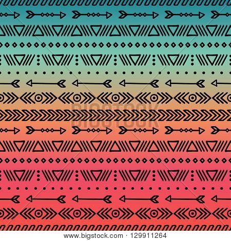 Hand drawn geometric ethnic tribal seamless pattern. Wrapping paper. Scrapbook. Doodles style. Tribal native vector illustration. Aztec background. Ink graphic texture for design. Boho stripes