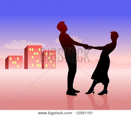 Silhouette der paar: Mann und Frau. Gebäude weit entfernt.
