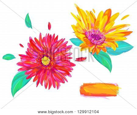 Cute  gerbera. Set of flowers isolated on white background. Retro design graphic element. This is illustration ideal for a mascot and tattoo or T-shirt graphic. Stock illustration
