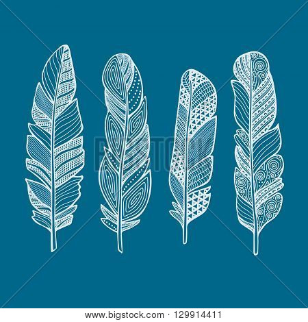 Doodle feather vector set. Hand drawn feathers with doodle ornament.