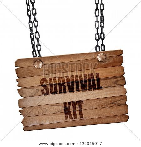 Survival kit sign, 3D rendering, wooden board on a grunge chain
