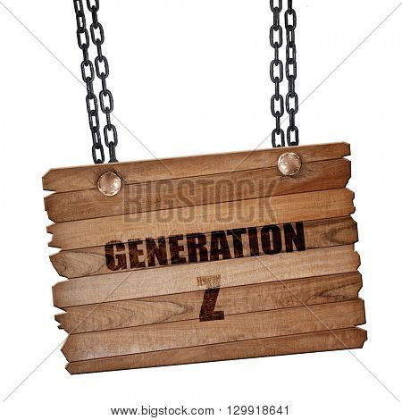 generation z, 3D rendering, wooden board on a grunge chain