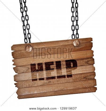 Help sign with smooth lines, 3D rendering, wooden board on a gru