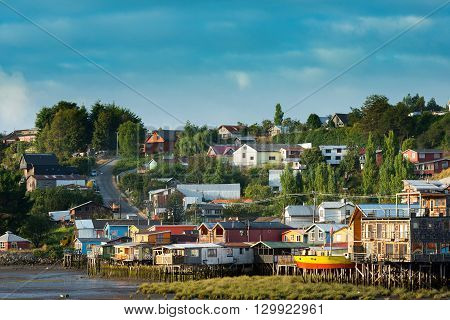 Traditional stilts houses known as palafitos in Castro Chiloe island Chile
