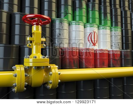 Oil pipe line valve in front of the Iranian flag on the oil barrels. Iranian gas and oil fuel energy concept. 3d illustration