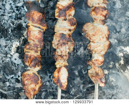 Shish kebab on charcoal in a smokes