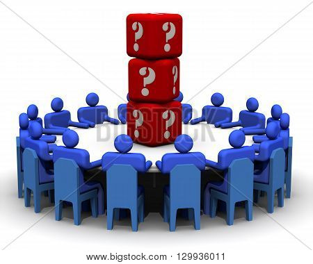 Problem solving. Symbolic people sitting at a round conference table in the center of which lies the dice with symbols of questions. The concept of problem solving. Isolated. 3D Illustration