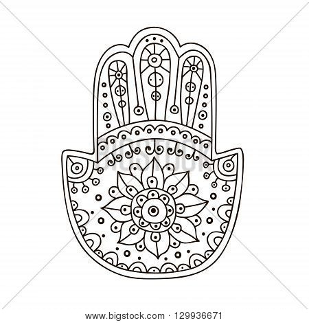 Vector hand drawn doodle hamsa with ornament. Hand with tribal doodle ornament.