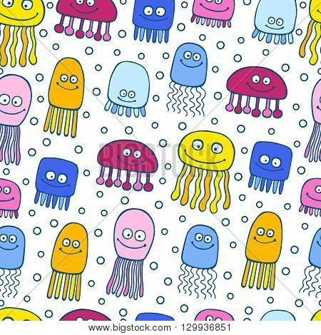 Vector jellyfish cute pattern seamless. Background with cartoon smile sea jellyfish and bubbles.