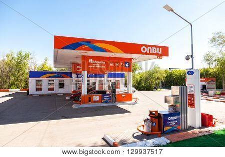 SAMARA RUSSIA - MAY 14 2016: Olvi gas station in summer day. Olvi is one of the russian gas station in Samara region