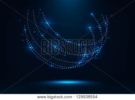 3d abstract shape consist of glowing dots . Colorful magic shiny globe . Digital connection. Blue glitter particles .Technology concept . Neon glowing and reflections .Globe Grid . Abstract circles