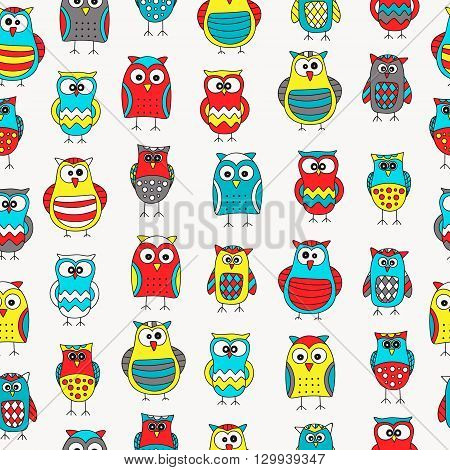 Seamless pattern with hand drawn doodle owls. Cute background for kids. Vector pattern. Bright yellow red blue grey and white colors.