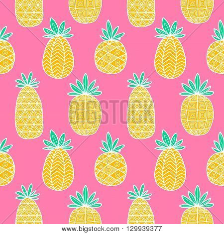Vector color pattern with hand drawn doodle pineapple. Fruits with ornaments. Seamless. On pink background.