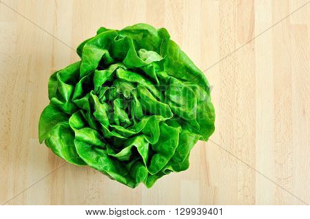 fresh green lettuce from above on wooden table