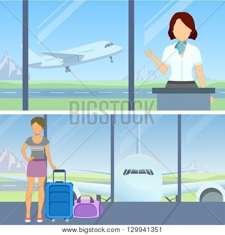 At the airport - flight boarding waiting for departure. Vector.