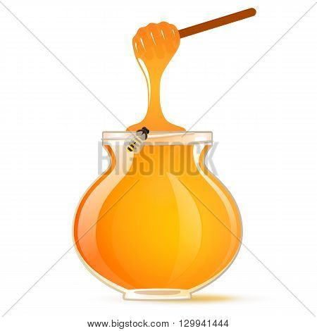 A pot of honey and honey dipper bee. Vector.