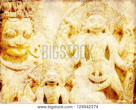 Grunge background with paper texture and landmarks of India -  statues of Hindu gods