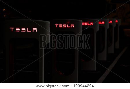 BRENNER, ITALY - MAY 8, 2016: Tesla charging stations are located throughout EU to accommodate owners of the electric car.
