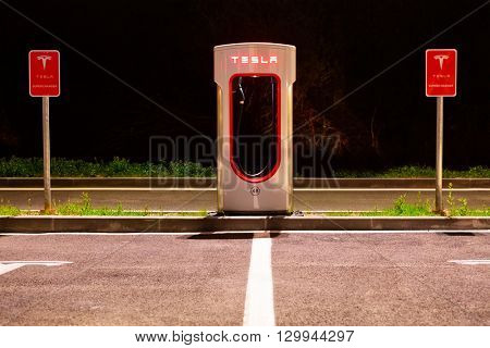 BRENNER, ITALY - MAY 8, 2016: Tesla charging stations are located throughout EU to accommodate owners of the electric car.