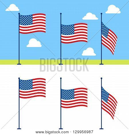 Flat USA flags vector set. United States flag color vector illustration on blue sky background with clouds. Stages of descent or raising the US flag on flagpole