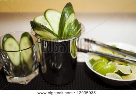 For drinks cuted cucumber in glases and cuted lime