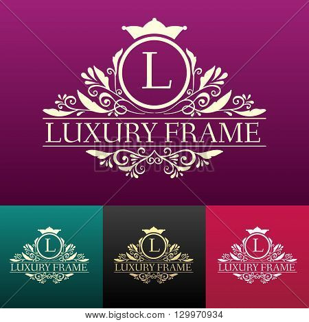 Luxury label or King place symbol element with decorative calligraphy object set. Template for classical card, invitation, identity cover design, packaging, hipster stamp. Vector illustration concept