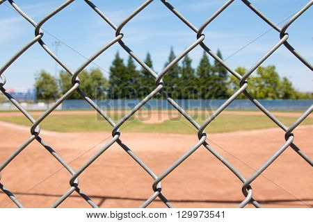 Looking at a little league baseball field through a chain link fence