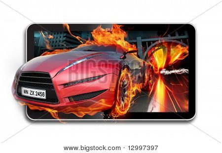3D TV. Yanan araba TV ekranında.