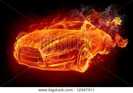 Coche de fuego sobre un fondo negro. Diseño original del coche.