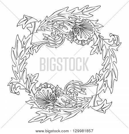 Hand drawn black and white flower wreath.
Coloring book for adults. Antistress therapy or design for greeting card.