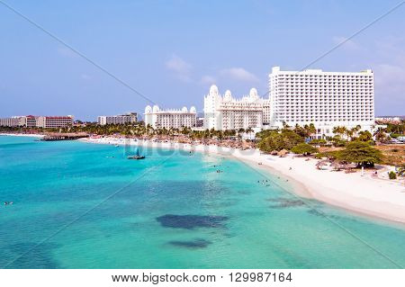Aerial from Palm beach at Aruba in the Caribbean Sea