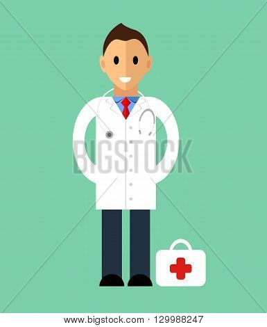 Doctor in flat style. Medicine concept. Template of man Doctor standing. Isolated vector illustration. People character, medical doctor illustration.
