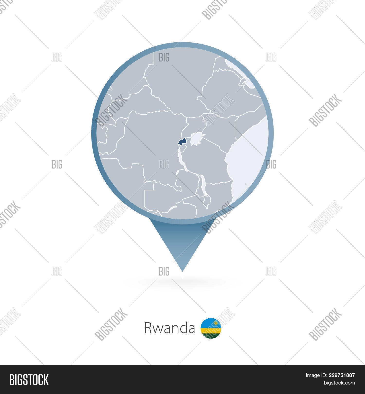 map pin with detailed map of rwanda and neighboring countries
