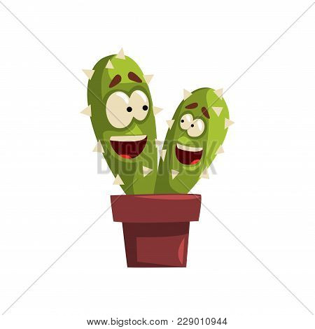 Pair Of Smiling Cactuses Characters In A Clay Pot, Succulent Plant With Funny Face In Flowerpot Vect